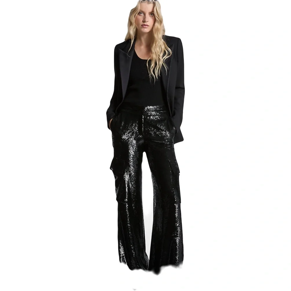 Zara Black Sequin Flare Pants S - Picture 2 of 7